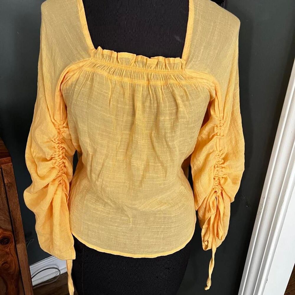 Zac-rachel Women's Marigold Yellow Rusched Sleeve Blouse Shirt Top S